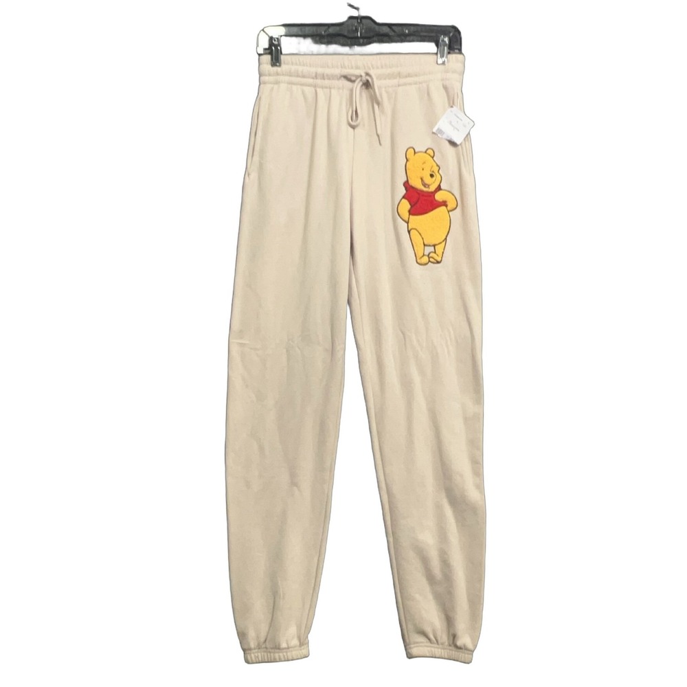Disney Winnie the Pooh Womens Beige Fleece Jogger Sweatpants Elastic Waist NWT